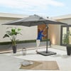 Outdoor patio with a large grey umbrella, potted plants, and cozy decor, perfect for backyard relaxation and entertaining with stylish garden furniture from Empire Home and Garden.