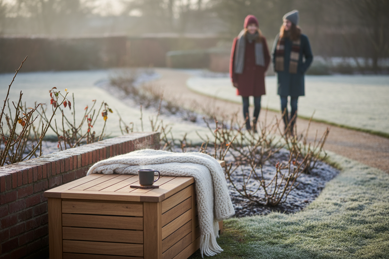 A photorealistic, aspirational image of a contemporary slatted wooden garden storage bench in a manicured UK garden during winter. The bench, partially covered with a warm woollen throw, sits against a low brick wall. In the soft-focus background, two figures in coats and scarves walk away down a snowy path lined with dormant rose bushes. The natural daylight, hazy with a low winter sun, casts gentle shadows and a warm glow. The medium, slightly low-angle shot emphasizes the bench's functional beauty, with a color palette of muted greens, soft greys, and warm browns and reds creating a cozy atmosphere.