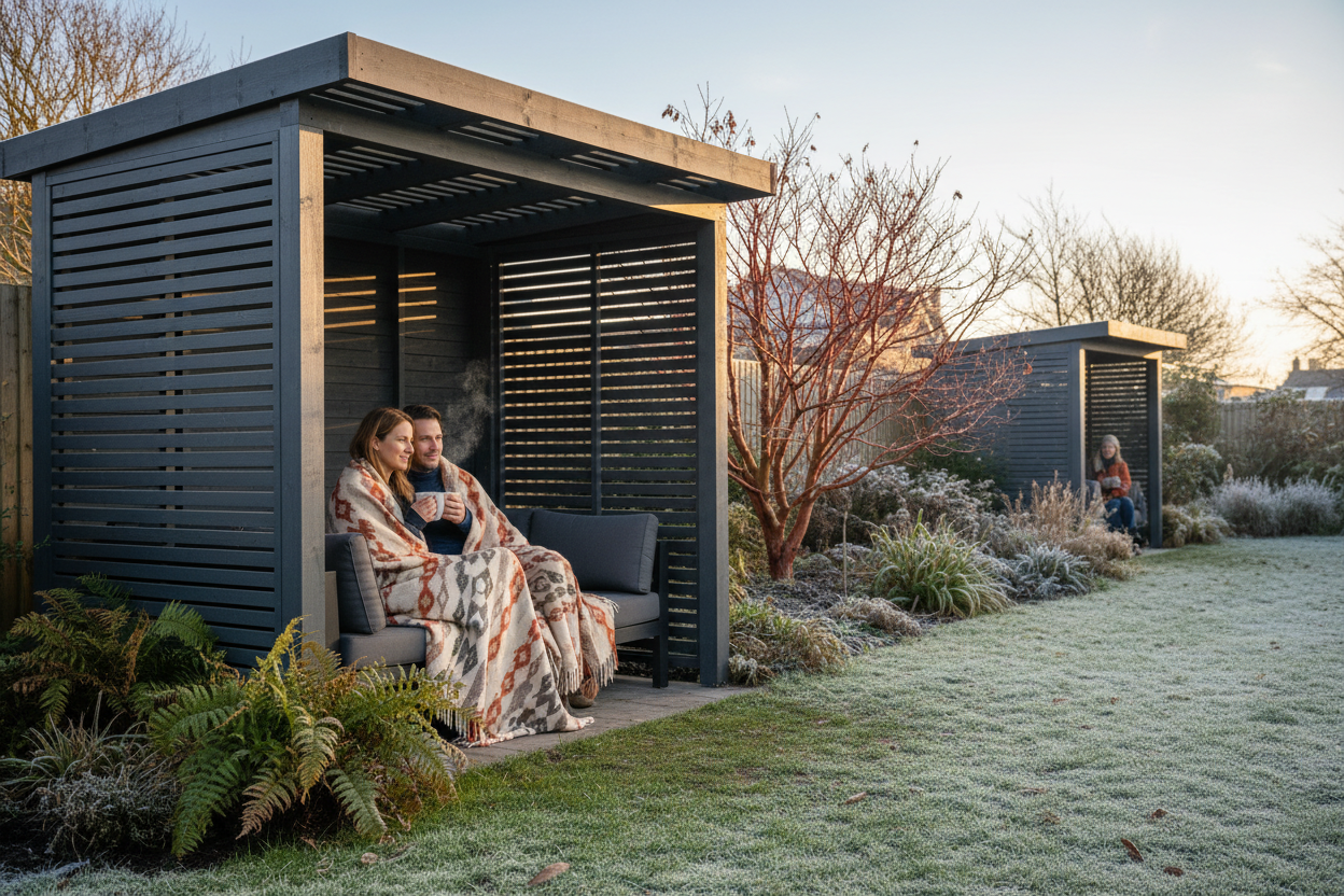 A photorealistic image of a modern, dark grey wooden pergola in a cosy UK garden on a mild winter afternoon. A couple are seated on a plush outdoor sofa, enjoying steaming mugs under a partially closed slatted roof. The garden features frosted ferns and a red-barked acer tree, illuminated by soft, golden winter sunlight.