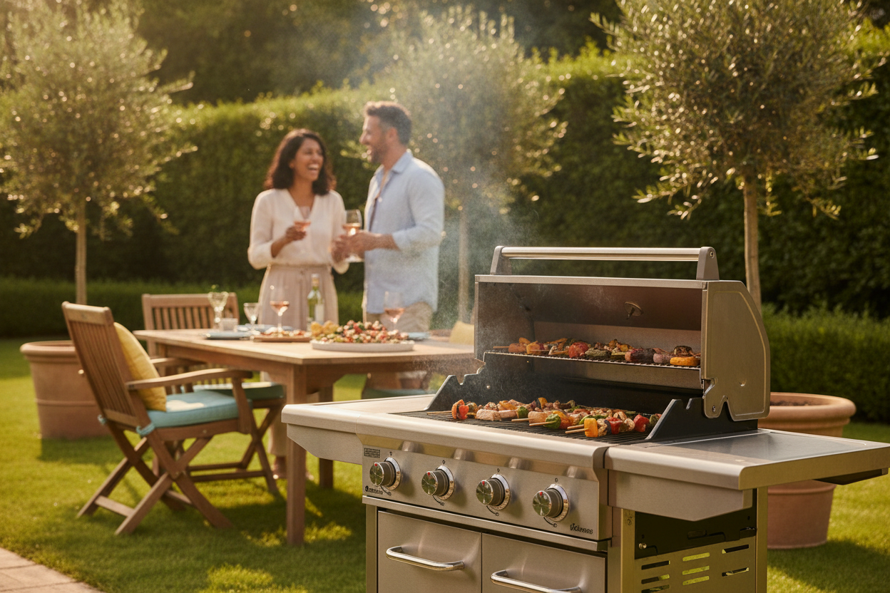 A photorealistic, eye-level shot of a stylish, contemporary gas BBQ in a well-maintained UK garden on a bright summer's day. In the softly blurred background, a diverse couple in their late 30s are laughing and enjoying themselves, silhouetted against the warm sunlight. One holds a glass of rosé, the other reaches for a serving platter. The BBQ is the focal point, clean and gleaming, with a subtle wisp of smoke rising from the grill. The garden includes a wooden dining set, potted olive trees, and manicured hedges. The mood is relaxed, aspirational, and summery, with warm golden light.