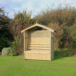 Handcrafted wooden garden storage bench with a lattice back, ideal for outdoor relaxation and garden decor. Perfect addition to any backyard or garden space.