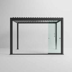 Contemporary outdoor pergola with sleek black metal frame and adjustable louvered roof, ideal for stylish garden shading and outdoor entertaining spaces.