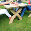 Natural wooden outdoor dining table with benches, perfect for garden gatherings and family meals, showcasing high-quality craftsmanship and durable outdoor furniture from Empire Home and Garden.