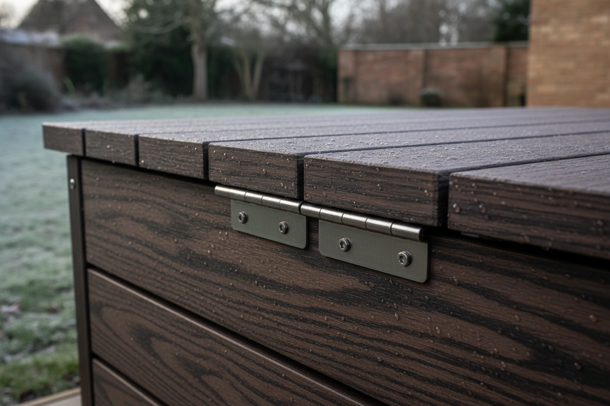 A hyper-realistic, close-up shot of a modern dark oak effect outdoor storage bench, focusing on its textured surface and robust hinges. The image highlights the intricate wood grain effect of the composite material, suggesting its weather-resistant qualities. Subtle condensation adds to the depiction of durability. The background is a blurred UK garden in winter. Soft, natural daylight emphasizes the material's depth and craftsmanship, with a colour palette of warm browns and deep charcoals. The composition is tight and shot from a low angle to showcase the quality and solid construction of the bench.