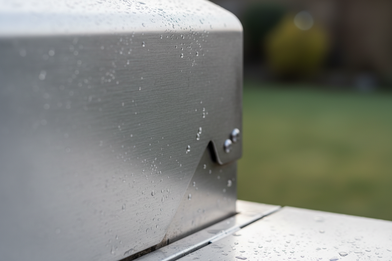 Extreme close-up of a high-end gas BBQ's brushed stainless steel construction on a cool UK winter afternoon. Subtle dew droplets highlight the textured metal finish and precision welding, set against a softly blurred garden background. Professional product photography emphasizes durability and premium quality.