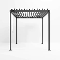 Lounge pergola in modern gray finish, perfect for outdoor garden and patio decor, providing shade and style for backyard entertainment or relaxing outdoor living spaces.