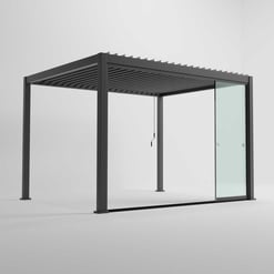 Modern outdoor pergola with aluminum frame and glass sliding door, ideal for gardening and patio spaces. Stylish, durable, and perfect for creating an outdoor relaxation area.