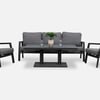 Modern outdoor patio furniture set with gray cushions, black frames, and a rectangular table, ideal for garden, patio, and backyard relaxation and entertaining.