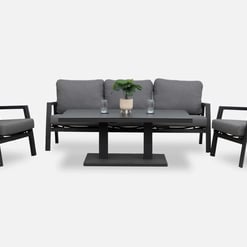 Modern outdoor patio furniture set with gray cushions, black frames, and a rectangular table, ideal for garden, patio, and backyard relaxation and entertaining.