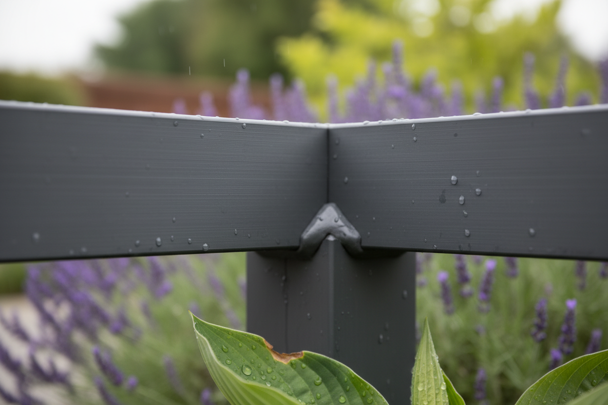 A highly detailed, photorealistic close-up of the brushed aluminum corner joint of a modern charcoal grey pergola in a UK garden during Spring. The image showcases precision craftsmanship with visible brushed texture and a subtle sheen on the metal. Tiny droplets of morning dew are present on the metal and an emerging hosta leaf. The softly out-of-focus background suggests blooming lavender and pale green foliage. The color palette features cool metallic grey, deep green, and muted purple. The shot is angled slightly from below, emphasizing structural integrity and quality materials.