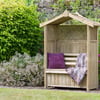 Cozy wooden garden gazebo with purple cushion and throw blanket surrounded by lush greenery and vibrant flowers for outdoor relaxation and garden decor.