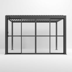 -black metal outdoor patio enclosure with sliding glass doors and a slatted roof for garden or backyard relaxation.