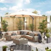 Stylish outdoor patio with cozy sectional sofa, large beige umbrella, modern lanterns, potted plants, and decorative pillows, perfect for outdoor entertaining and garden relaxation.