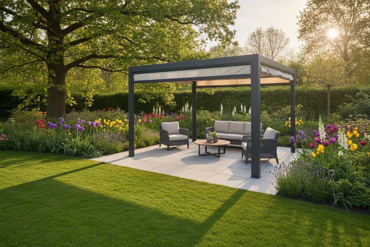 A photorealistic, wide-angle shot of a modern, charcoal-grey aluminium pergola with a retractable canopy, measuring approximately 3m x 4m, set over a contemporary patio in a lush UK garden during late spring golden hour. The scene features manicured lawns, vibrant spring blooms like tulips and irises, and a mature deciduous tree, creating a warm and inviting outdoor living space.