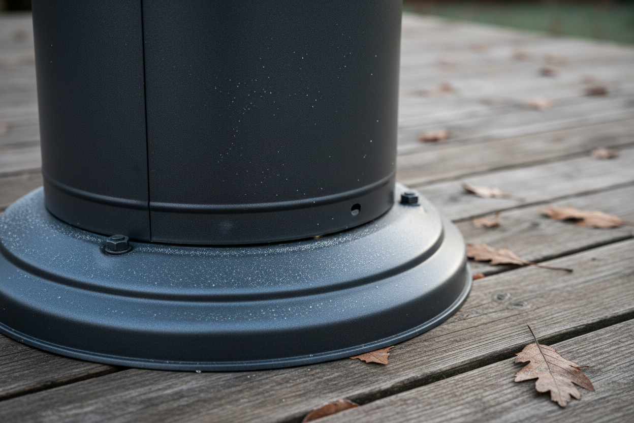 A photorealistic, close-up shot of the base of a dark grey powder-coated outdoor patio heater. Subtle frost crystals glint on the textured, robust metal surface, highlighting its quality. The background shows out-of-focus weathered wooden decking and fallen brown leaves. The angle is from below, emphasizing the heater's solid construction and sophisticated design.