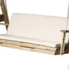 Floral white cushioned wooden porch swing with chain suspension, ideal for outdoor garden relaxation and garden furniture.
