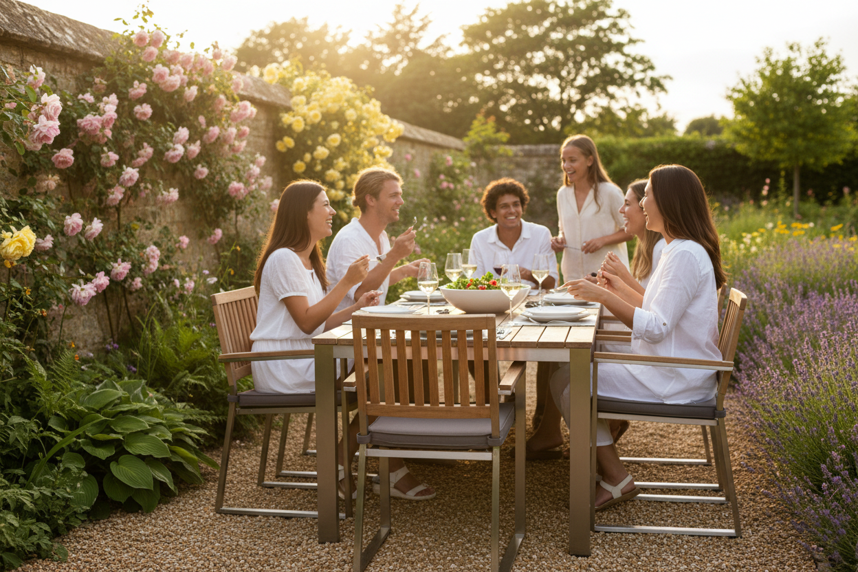 A photorealistic image of a modern outdoor dining set in a stylish UK garden on a bright late spring afternoon. The setting sun casts a warm, golden glow. The sleek dining set, made from sustainable wood and metal, is partially occupied by blurred figures of a family or friends in the background enjoying a meal and conversation. The manicured garden features climbing roses, vibrant green borders, and lavender, creating an inviting and joyful ambiance.