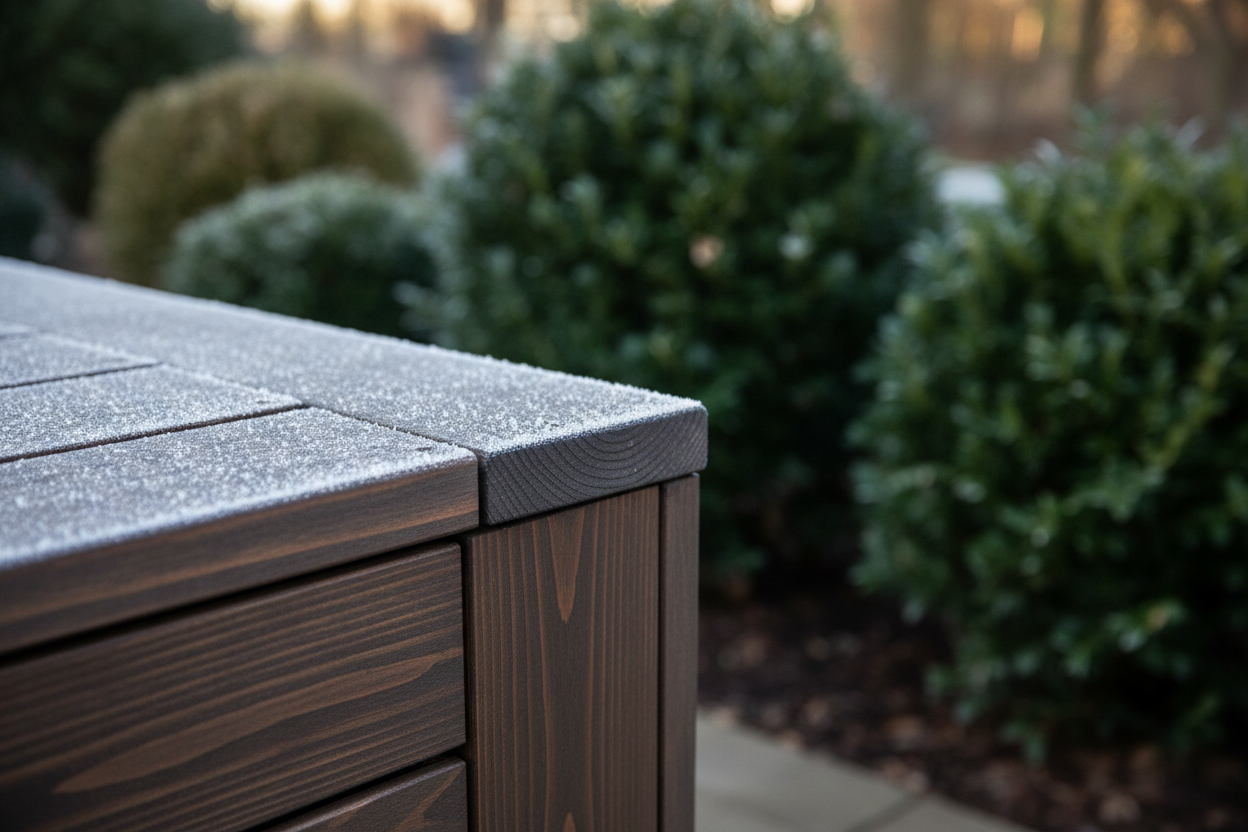A close-up, photorealistic shot of the corner joinery of a modern, dark wood outdoor storage box. The precise interlocking joints and natural timber grain are highlighted by a light dusting of frost, emphasizing the high-quality craftsmanship and weather resistance. In the softly blurred background, deep green evergreen shrubs and muted winter garden tones are visible. Natural diffused daylight illuminates the scene, creating depth and texture.