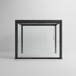 Modern black metal pergola with glass sliding doors for stylish outdoor patio shelter, ideal for gardens, decks, or outdoor entertainment spaces. Durable and stylish garden structure.