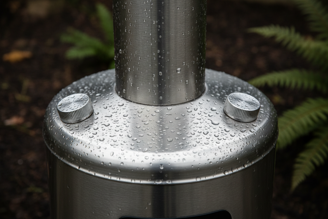 Photorealistic extreme close-up of a modern patio heater's brushed stainless steel base and control panel. Tiny, glistening water droplets are visible on the cool metal, indicating recent rain. The image highlights the seamless craftsmanship and tactile feel of the control knobs. The background is softly blurred, showing hints of dark soil and muted green winter foliage. Natural, high-angle lighting accentuates the material's quality, creating subtle highlights and shadows. The color palette is cool and metallic, with earthy browns and deep greens, conveying durability and elegance.