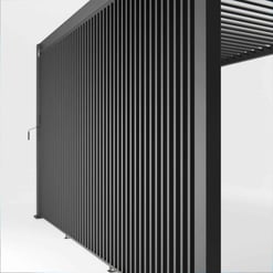 Black metal slatted privacy screen for outdoor landscaping, garden decor, or fencing. Durable, modern, and stylish outdoor fence panel ideal for privacy and aesthetic enhancement.