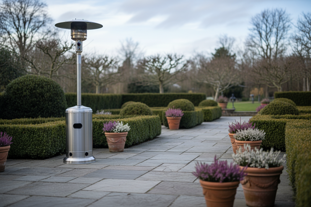 A photorealistic, wide-angle shot of a sleek, modern stainless steel patio heater on a paved UK garden patio in winter. Winter-dormant evergreen shrubs and terracotta pots with frost-resistant heathers in muted purples and whites surround the heater. The scene is lit by soft, diffused natural daylight of a crisp winter afternoon, with a pale blue sky visible. The aspirational composition, with the heater slightly off-centre, creates a sophisticated and cozy winter atmosphere with cool grey, muted green, and warm metallic tones.