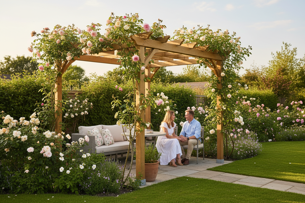 A photorealistic, eye-level shot of a charming UK garden in late Spring, bathed in the soft, warm glow of late afternoon sunlight. A stylish, modern 3m x 3m wooden pergola, stained in a natural oak finish, provides a shaded sanctuary. In the background, a couple in their late 30s are enjoying a quiet moment, perhaps reading or chatting, with their backs partially to the camera, dressed in casual, light Spring attire. The garden setting features blooming roses in soft blush pinks and creamy whites, interspersed with vibrant green foliage. The overall atmosphere is warm, inviting, and serene, emphasizing the pergola as a space for relaxation and enjoyment. The color palette is a harmonious blend of warm wood tones, soft floral pastels, and verdant greens.