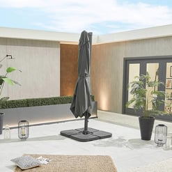 Stylish outdoor patio with modern umbrella, potted plants, decorative lanterns, and cozy rug, perfect for outdoor living and garden entertaining.