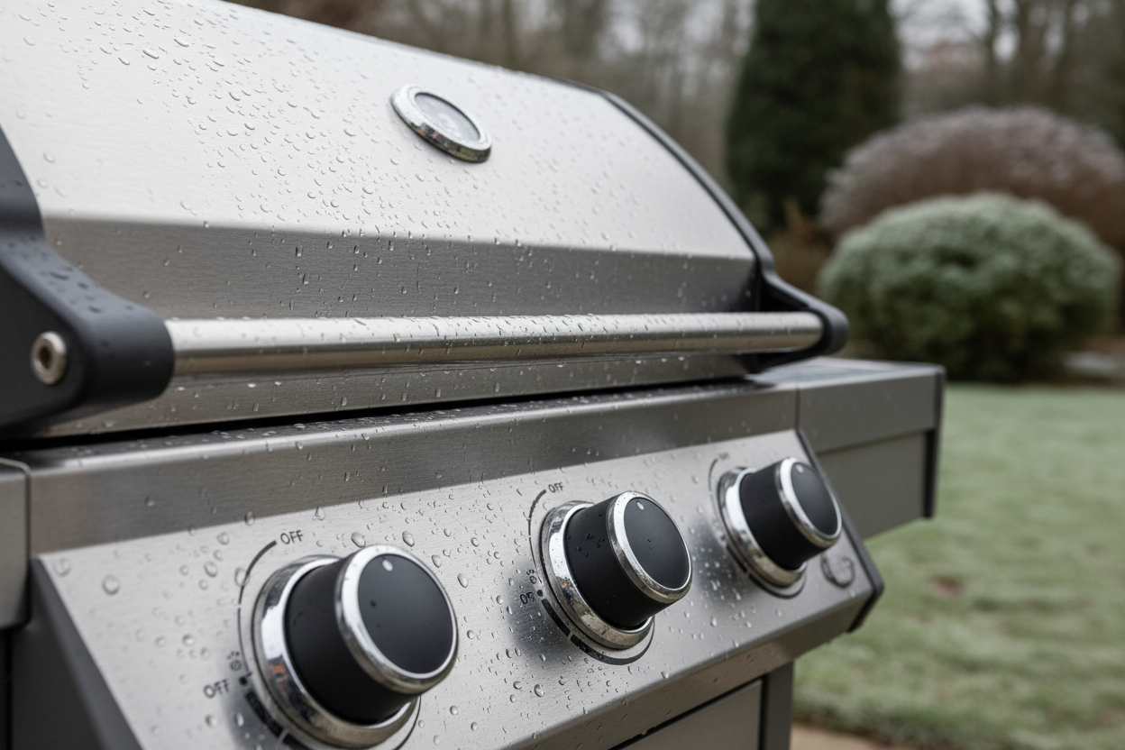 An extreme close-up, photorealistic shot of a high-end gas BBQ's brushed stainless steel lid and control knobs after cleaning. Tiny water droplets glisten on the immaculate, cool metal surface. The background is a softly blurred UK garden scene in winter, with hints of frosted evergreen foliage. Natural, soft daylight highlights the texture and craftsmanship. The angle is slightly from above, emphasizing the precise engineering. The colour palette is sophisticated cool metallics, charcoal grey, and desaturated greens.