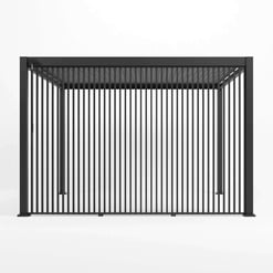 Black metal slat privacy gate for home garden or outdoor space. Durable, modern design with vertical bars enhances security and aesthetic appeal. Perfect for residential or commercial use.
