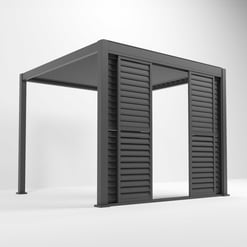Modern black pergola with slatted panels, outdoor shelter for garden or patio, durable steel construction, stylish design, ideal for family gatherings or outdoor lounging, Empire Home and Garden.