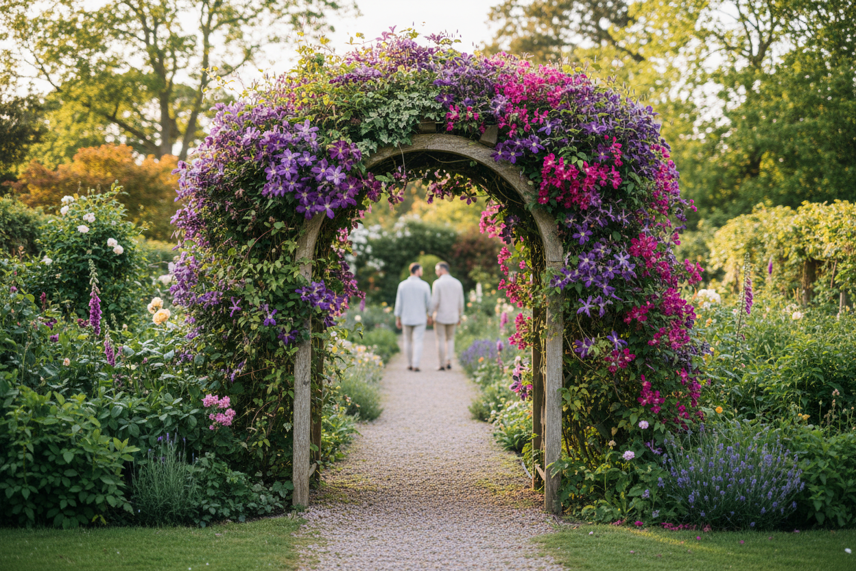 A photorealistic, aspirational lifestyle shot of a picturesque UK cottage garden in late Spring. A weathered oak garden arch, covered in vibrant deep purple and fuchsia clematis and trailing ivy, leads to a gravel path. In the mid-ground, a couple walks hand-in-hand, their backs to the camera, enjoying the garden. The scene is bathed in the warm, golden light of a late afternoon sun, creating an inviting glow. The camera is at eye-level, capturing the pathway and the arch.
