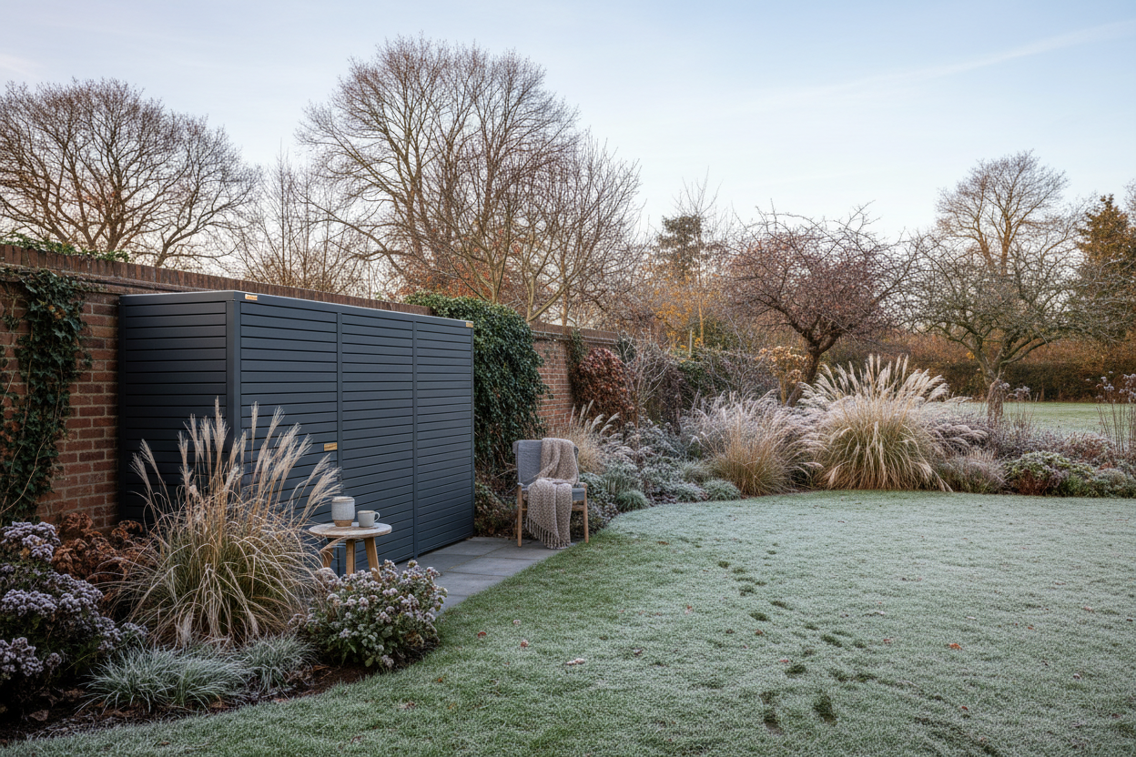 A photorealistic, wide-angle shot of a modern, charcoal grey modular outdoor storage unit with slatted doors, positioned in a cosy UK garden during early winter. Frost-kissed ornamental grasses and bare-branched deciduous trees with lingering autumnal colours dot the scene, alongside a manicured lawn. Soft, diffused daylight from an overcast sky illuminates the unit, casting gentle shadows. The composition is at eye-level, highlighting the storage unit as a sleek and desirable garden addition. The muted, warm colour palette features earthy browns, soft greys, and hints of deep green from evergreens, with a subtle frost adding to the winter atmosphere.