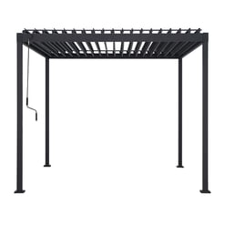 Stylish black pergola with adjustable canopy for outdoor patio or garden, perfect for entertaining or relaxing in any weather conditions. Durable steel frame with modern design.