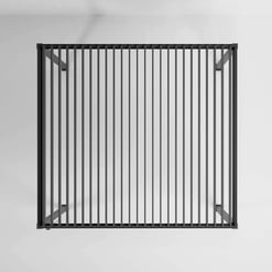 Modern black metal pergola with clean lines, perfect for outdoor garden or patio shade solutions. Ideal for enhancing backyard aesthetics and creating a stylish outdoor living space.