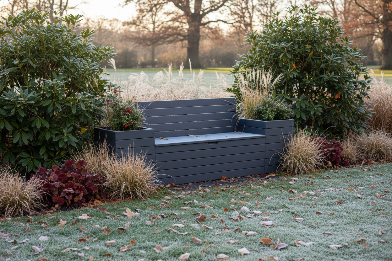 A photorealistic, wide-angle image of a modern charcoal grey outdoor storage bench with integrated planters, situated in a UK garden during late autumn. Mature evergreen shrubs and ornamental grasses are visible, with a touch of frost on fallen leaves. The scene is illuminated by soft, diffused late afternoon winter sun, casting long shadows. The composition emphasizes the aspirational and warm feel, with a shallow depth of field focusing on the storage unit. The color palette consists of muted greens, greys, and earthy browns, accented by reds and oranges from lingering leaves.