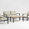 Stylish outdoor patio furniture set with a contemporary design, featuring a sofa, two armchairs, and a coffee table, perfect for garden, porch, or backyard entertaining.