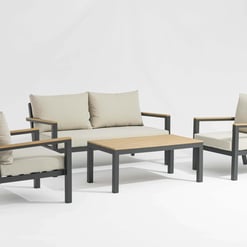 Stylish outdoor patio furniture set with a contemporary design, featuring a sofa, two armchairs, and a coffee table, perfect for garden, porch, or backyard entertaining.