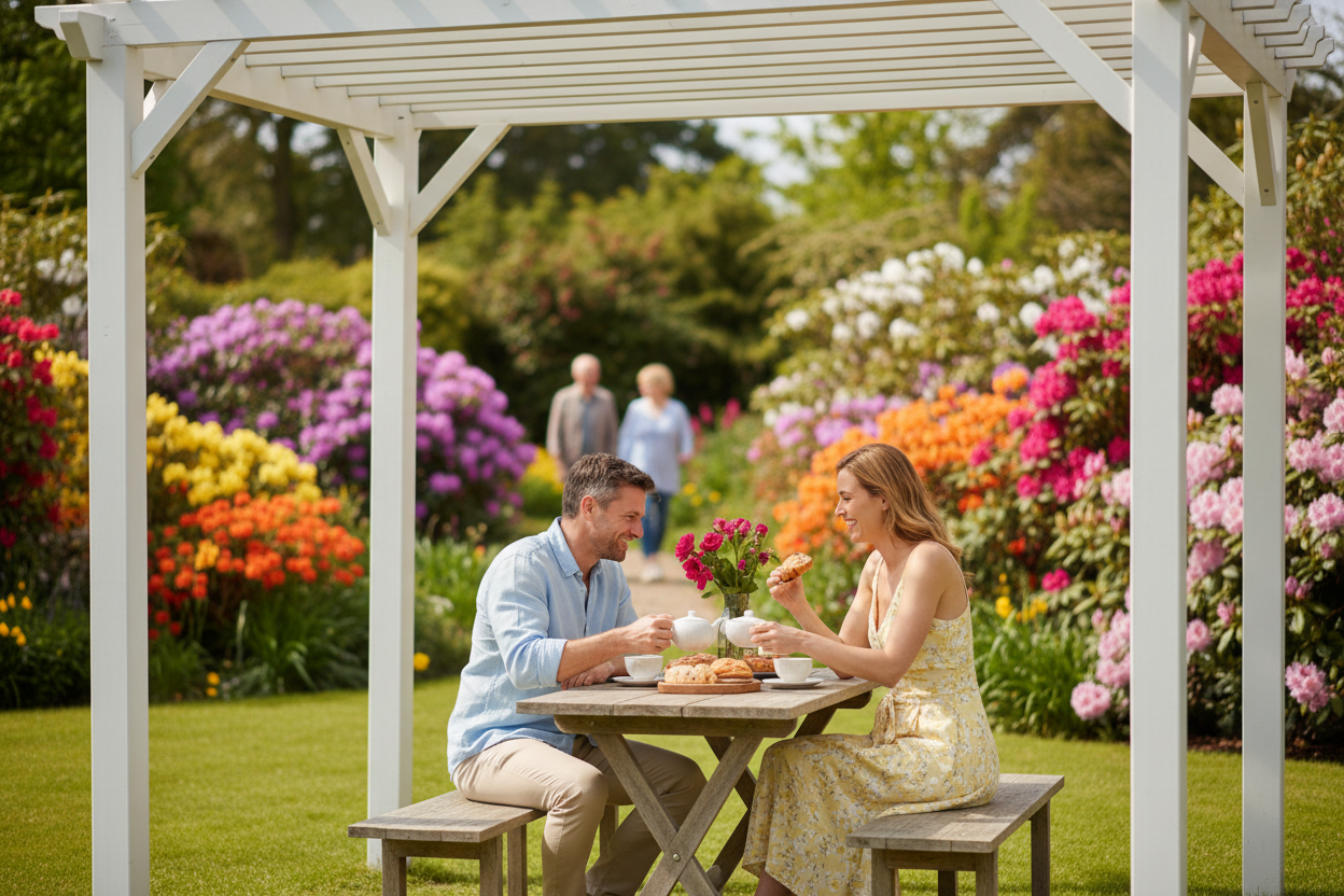 A photorealistic mid-shot of a couple in their late 30s, casually dressed in spring attire, enjoying tea and pastries under a white-slatted wooden pergola in a UK garden. The image is taken in the early afternoon on a sunny spring day, with gentle sunlight filtering through the pergola slats. The scene features a rustic dining set and is framed by blooming rhododendrons and azaleas in the background, creating a warm and inviting atmosphere that highlights the pergola as an extension of comfortable outdoor living.