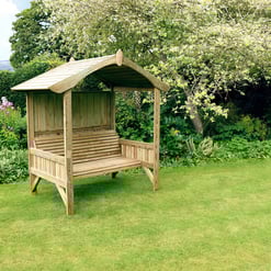 Handcrafted wooden garden bench with a canopy, perfect for outdoor relaxation and enhancing backyard aesthetics. Ideal for garden seating and outdoor furniture needs.
