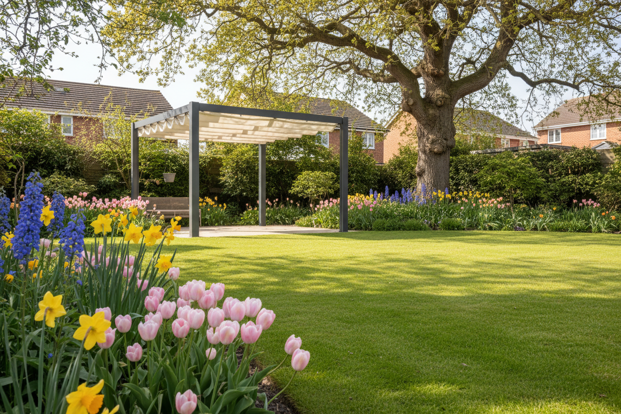 A photorealistic, wide-angle shot of a modern, aspirational 3m x 4m charcoal grey aluminium pergola with a retractable canopy, situated in a sun-drenched UK suburban garden in late Spring. The garden features manicured lawns and borders filled with vibrant tulips, daffodils, and emerging delphiniums in pastel pink, soft yellow, and sky blue. Dappled sunlight filters from a mature oak tree in the background, creating a warm and inviting atmosphere. The image is at eye-level, highlighting the clean lines of the pergola and its seamless integration with the lush greenery. The color palette consists of fresh greens, soft pastels, and sophisticated grey, conveying a sense of calm and renewal. The photo quality is professional, with a shallow depth of field blurring the background.