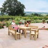 Elegant outdoor patio with wooden dining furniture and vibrant potted plants, surrounded by lush garden and scenic countryside views, perfect for outdoor entertaining and relaxation.