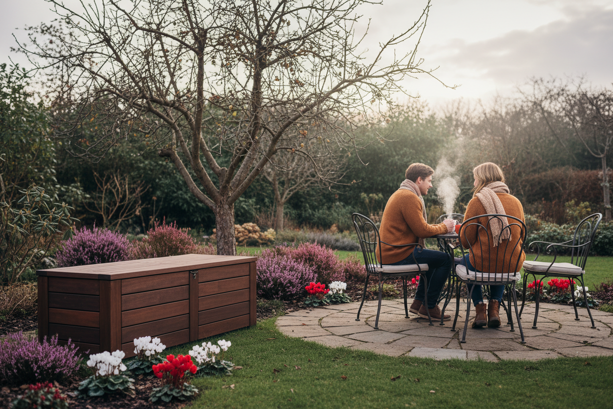 A photorealistic image of a cozy UK garden in early winter. In the foreground, a dark wood outdoor storage bench is visible. In the mid-ground, a couple in knitwear and scarves are seen from behind, enjoying tea on a patio set, their breath misting in the crisp air. Hardy winter plants like heathers and cyclamen dot the garden, with bare apple tree branches silhouetted against a soft grey sky. Diffused daylight creates a warm glow, highlighting the rich color palette of deep greens, browns, and muted reds.