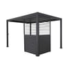 Modern black pergola with adjustable slatted side panels, ideal for outdoor patio shade and garden cover. Durable steel construction for stylish backyard relaxation and outdoor entertainment.