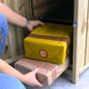 Box of home and garden supplies being placed inside a wooden storage shed for organization and storage.