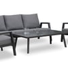 Modern outdoor patio furniture set with grey fabric cushions and black metal frames, perfect for garden or deck relaxing and entertaining.