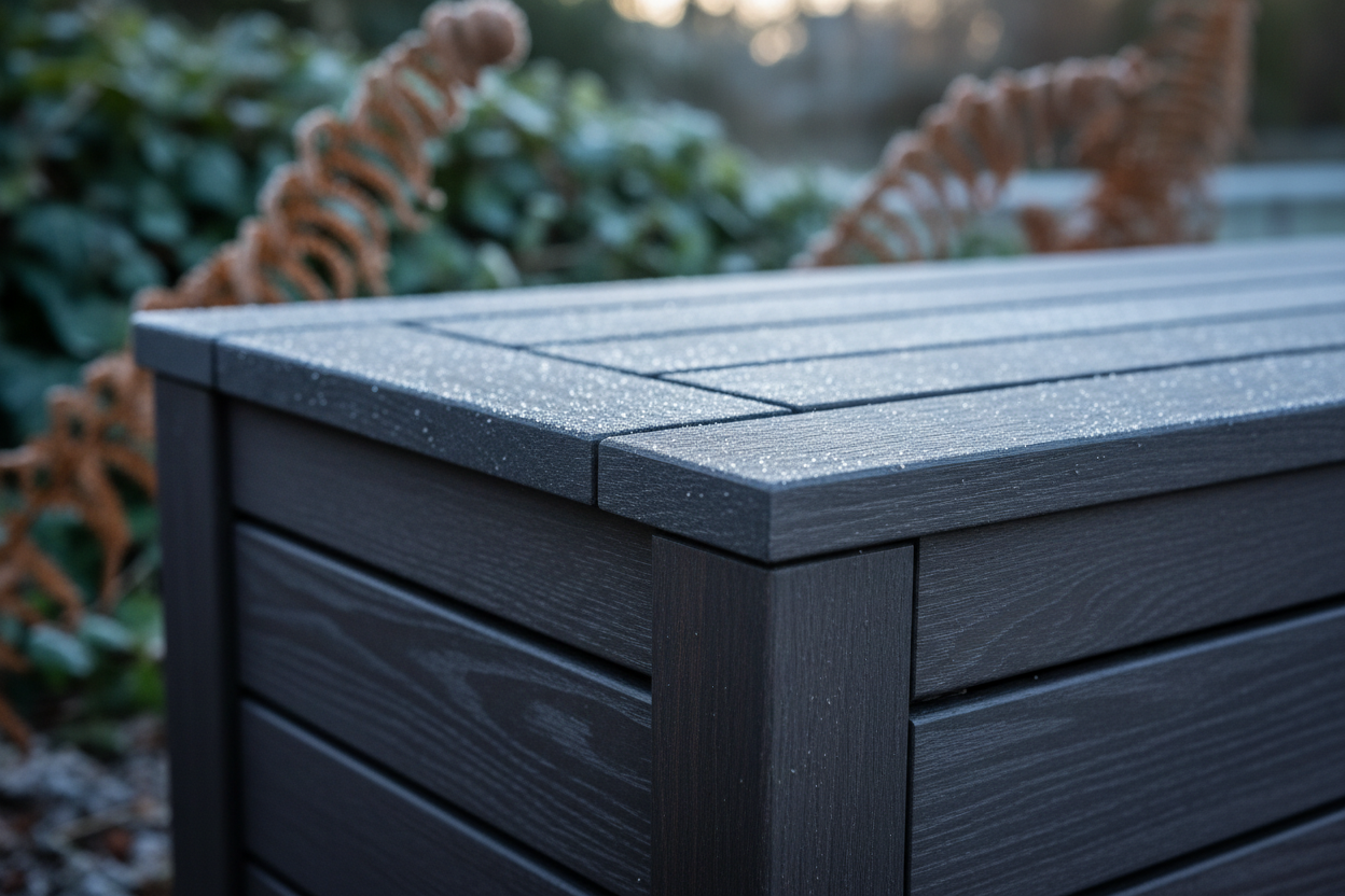 A hyper-realistic, close-up detail shot of the corner joint and texture of a modern, dark wood effect outdoor storage bench. Subtle droplets of dew or frost catch the soft, natural daylight of a cool winter afternoon. The background is a softly blurred bokeh of muted winter garden foliage. The angle showcases the depth and texture of the wood grain and the clean lines of the construction, emphasizing robust, weather-resistant material and precise joinery.