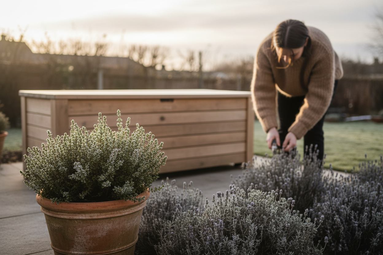 A photorealistic, medium shot of a cosy UK garden patio in late afternoon winter light. A stylish, low-profile outdoor storage box with a natural wood finish is visible in the background, partly hidden by a terracotta pot with a hebe plant. In the mid-ground, a blurred figure in a warm jumper tends to frost-kissed lavender. The soft, golden daylight casts a warm glow, creating an inviting and atmospheric scene with a shallow depth of field. The color palette features muted greens, weathered wood, and warm attire, under a soft winter sky, showcasing aspirational outdoor living.