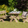 Rustic wooden outdoor dining set with picnic benches and a table, perfect for garden gatherings and summer meals, surrounded by lush greenery and blooming flowers.