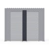 Modern slatted privacy fence with horizontal white and dark gray accent slats, ideal for backyard enclosures and outdoor living spaces. Perfect for enhancing garden aesthetics and privacy.